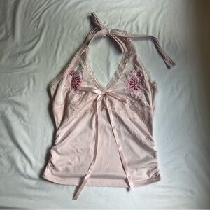 ✨SOLD✨Elegant Pink Halter Top with Floral Details